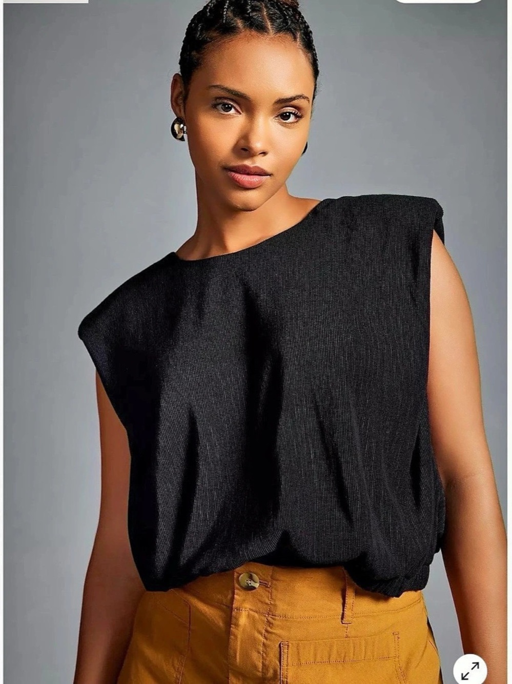 Maeve Ribbed Shoulder-Padded Ribbed Black Muscle Top - capsule wardrobe Size XS